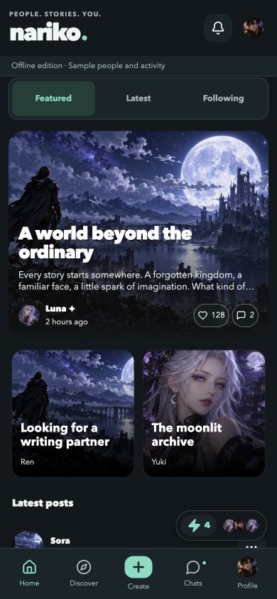 Nariko's social feed with stories and posts